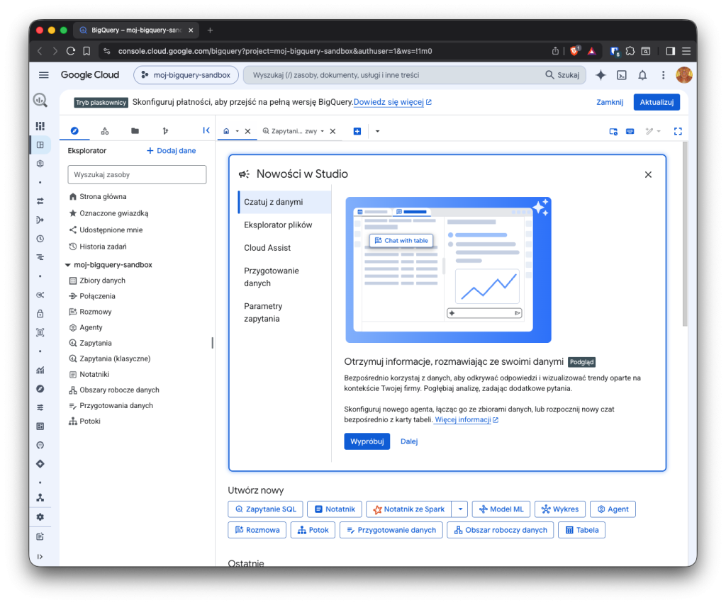 Interfejs BigQuery w konsoli Google Cloud. Widoczny tryb piaskownicy pozwalający testować rozwiązanie kompletnie za darmo.