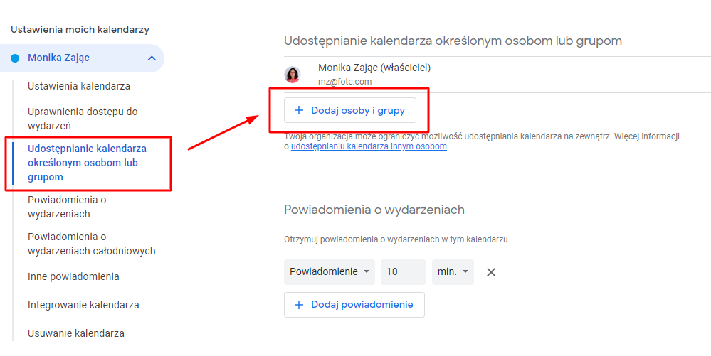 Udostępnianie innym kalendarza Google określonym osobom lub grupom