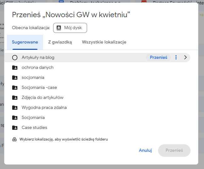 przenoszenie plików na Dysku Google