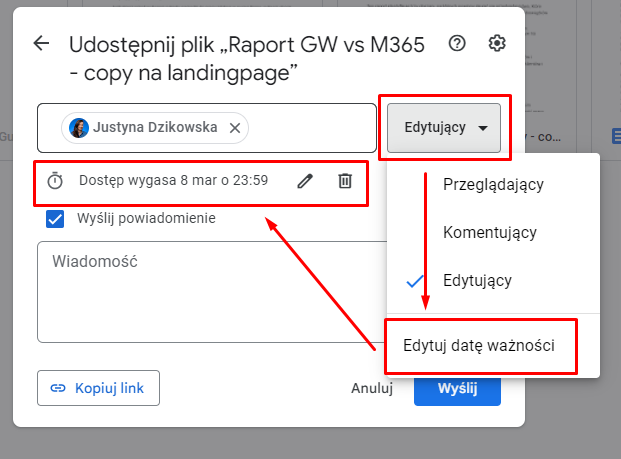 Udostępnianie pliku na określony czas na Dysku Google