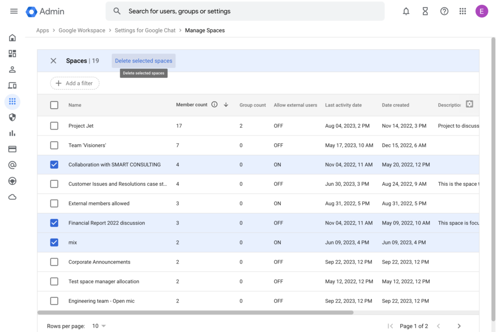 Bulk deletion of rooms in Google Chat