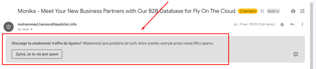powód przeniesienia maila do folderu ze spamem