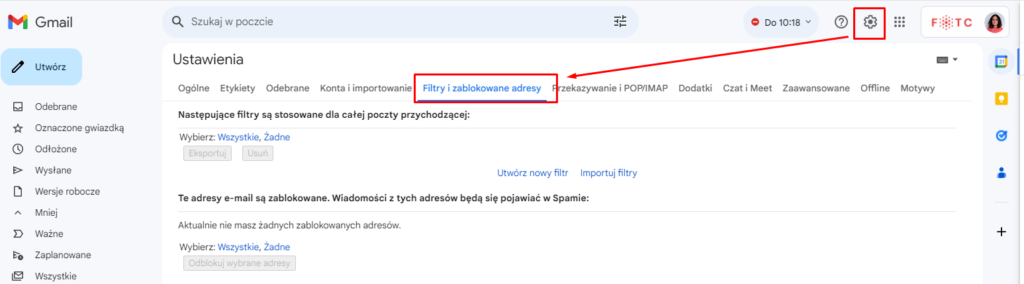 filtry i zablokowane adresy w Gmailu