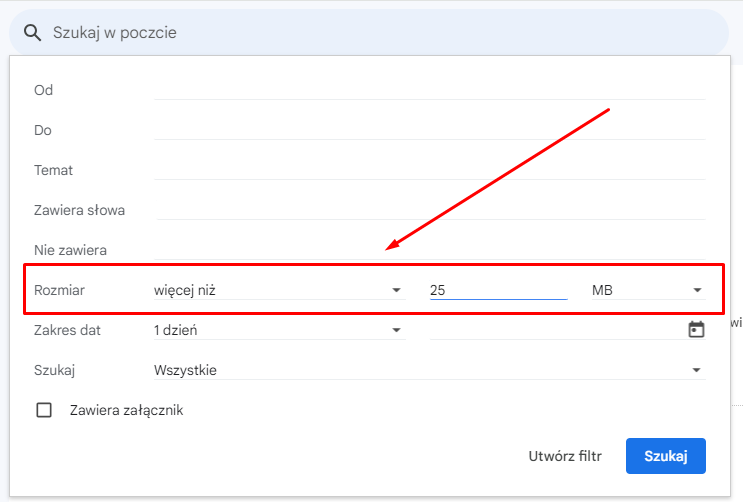 filtrowanie maili po rozmiarze