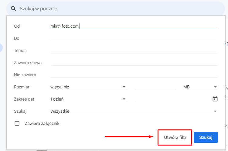tworzenie filtra w Gmailu
