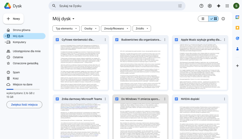 Dysk Google - interfejs