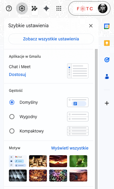 Szybkie ustawienia Gmaila - gęstość i motyw