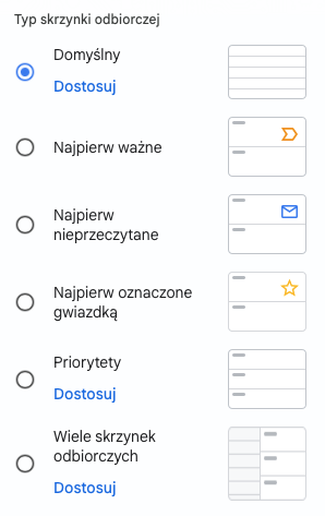 Szybkie ustawienia Gmaila - typ skrzynki odbiorczej