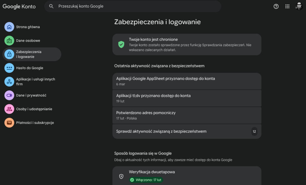 Konto Google w pakiecie Google Workspace - sekcja zabezpieczenia i logowanie