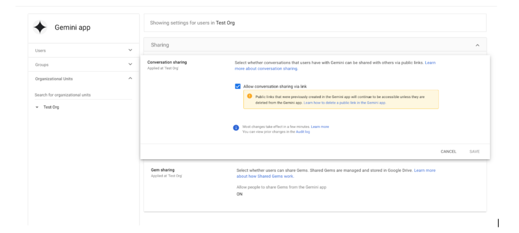 Ustawienia udostępniania konwersacji w aplikacji Gemini