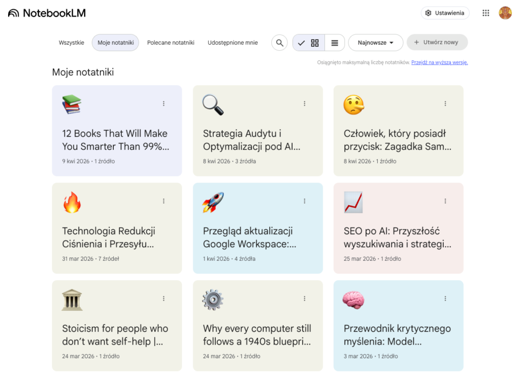 NotebookLM - widok notatników użytkownika
