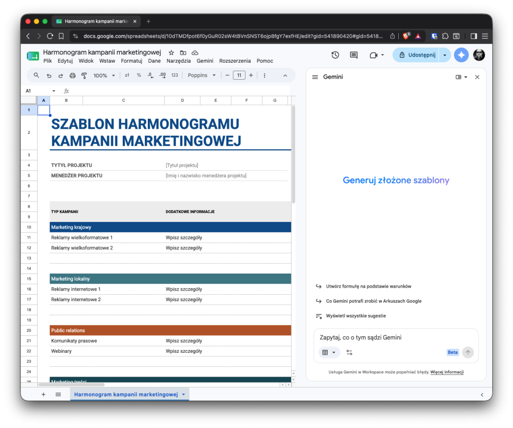 Panel Gemini w Arkuszach Google