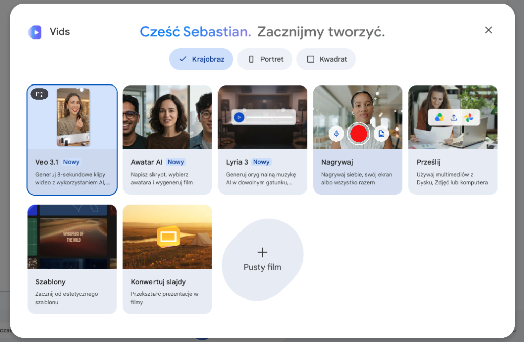 Ekran startowy Google Vids i możliwość tworzenia wideo z użyciem Veo 3.1