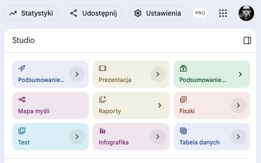 Dostępne formaty wynikowe w NotebookLM
