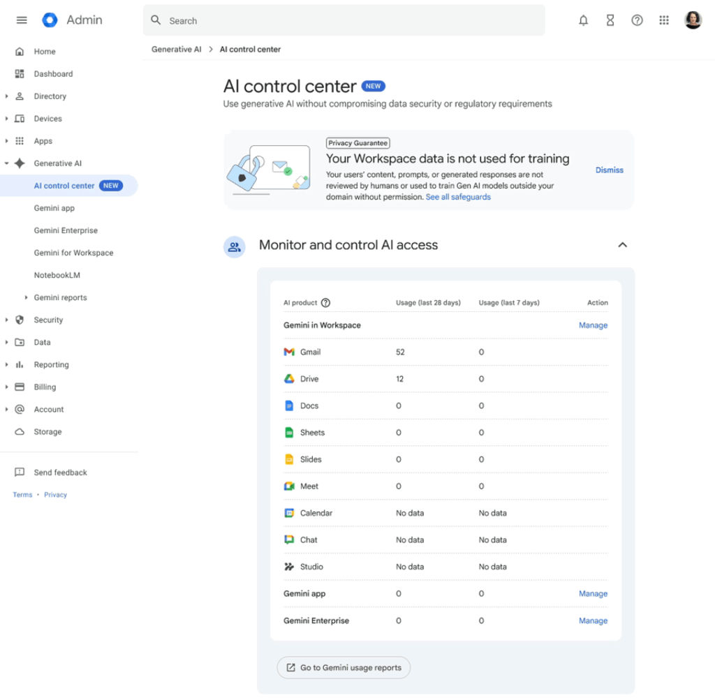 Widok AI control center w konsoli administracyjnej Google Workspace do zarządzania dostępem AI i agentów do danych organizacji.