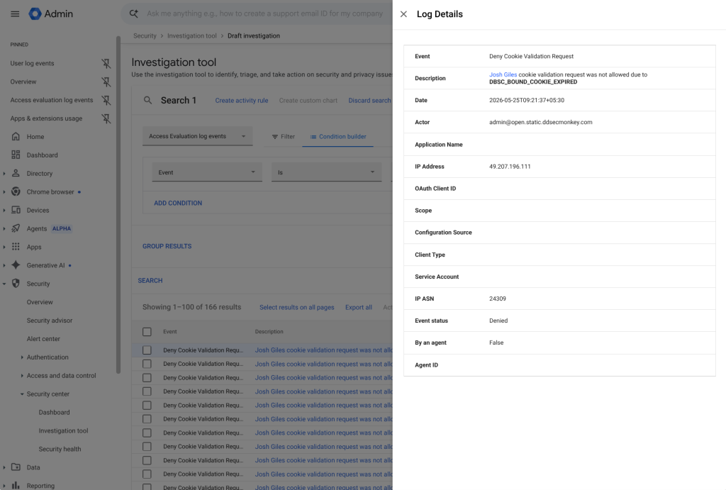 Widok zdarzenia Device Bound Session Credentials w narzędziu bezpieczeństwa Google Workspace, pokazujący szczegóły ochrony sesji użytkownika.