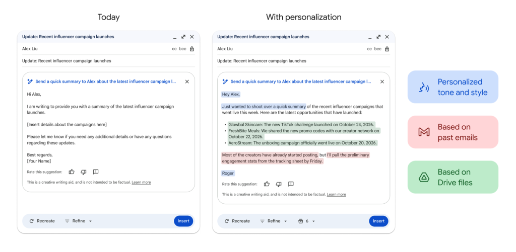Przykład działania Help me write w Gmailu z wykorzystaniem kontekstu z Gmaila i Dysku Google do przygotowania wiadomości.