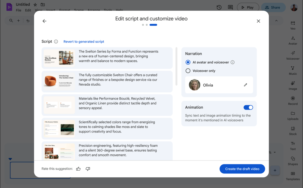 Interfejs Google Vids pokazujący dodawanie awatara AI podczas konwersji prezentacji Google Slides do wideo.