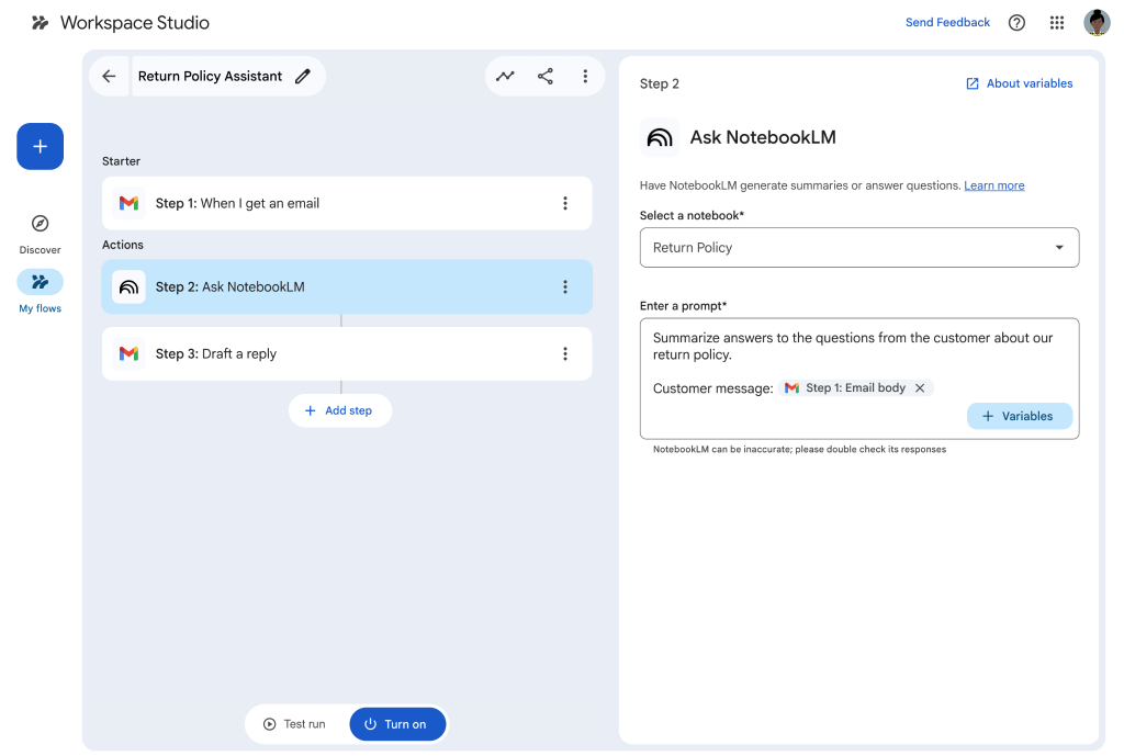 Ekran Workspace Studio z krokiem Ask NotebookLM wykorzystywanym w przepływie automatyzacji.