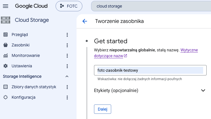Tworzenie nowego zasobnika w Cloud Storage z poziomu konsoli Google Cloud. Nadawanie unikalnej nazwy.