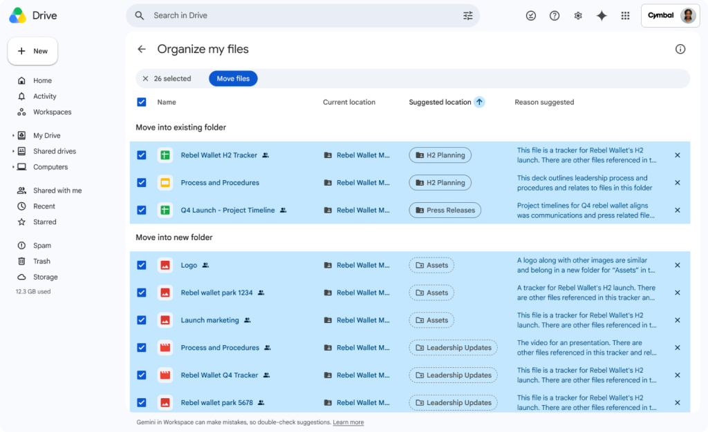 Funkcja Organize My Files wykorzystuje asystenta Gemini do automatycznego grupowania i porządkowania luźnych plików na Dysku Google.