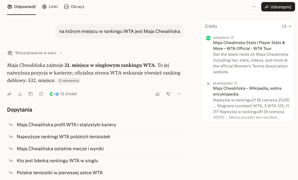 Wyniki wyszukiwania dla konkretnego zapytania w Perplexity, po prawej stronie lista źródeł.