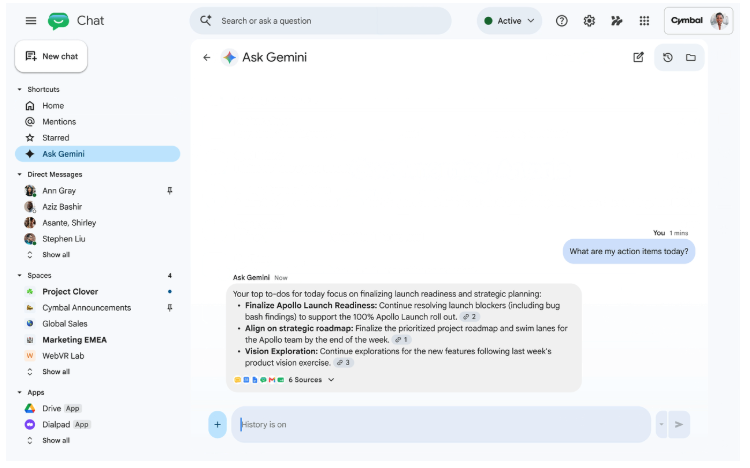 Google Chat z otwartym prawym panelem bocznym (Gemini side panel), prezentujący podsumowanie wątku wieloosobowego z sugerowanymi akcjami.