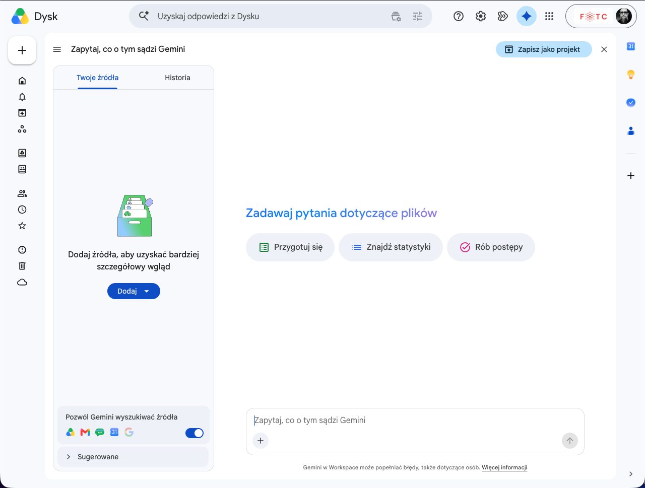 Ask Gemini w Google Drive. Lista źródeł po lewej, okno rozmowy po prawej.