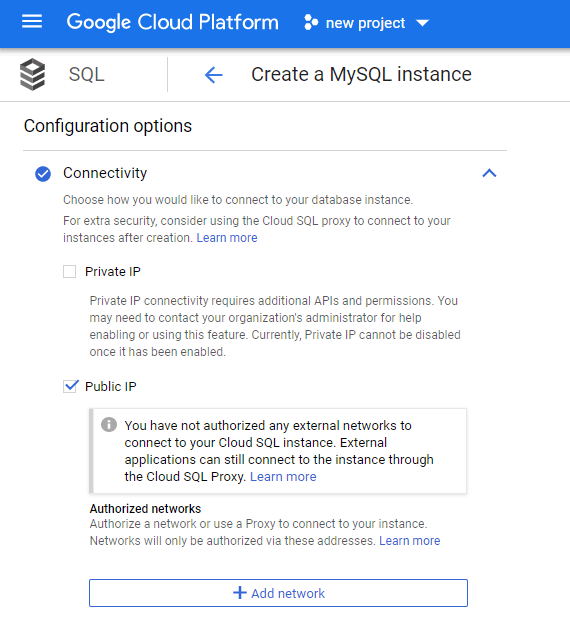Cloud SQL connection settings